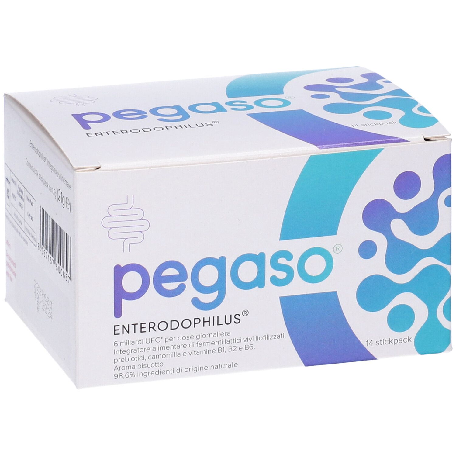 Scatola bianca Pegaso Enterodophilus. Logo, nome e informazioni prodotto. 14 stickpack.