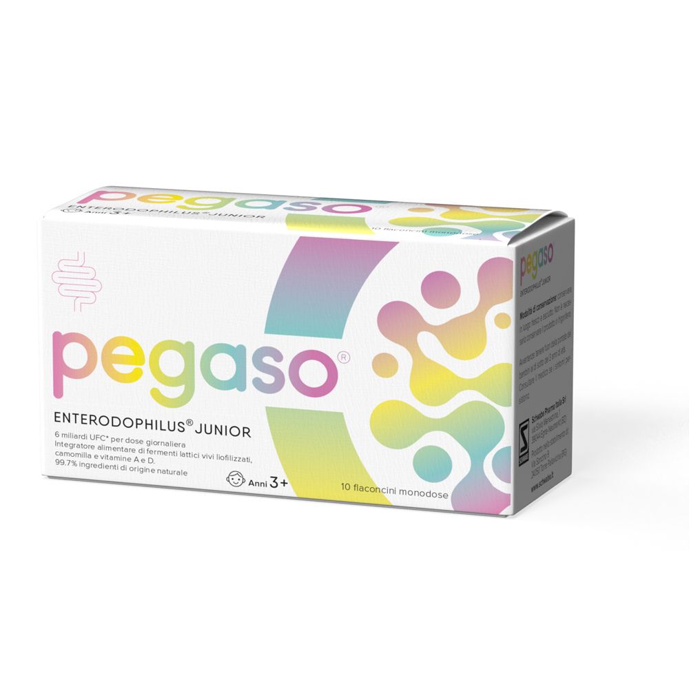 Scatola di Pegaso Enterodophilus Junior. Stampa con nome del prodotto, logo, informazioni sugli ingredienti e indicazione di età 3+.