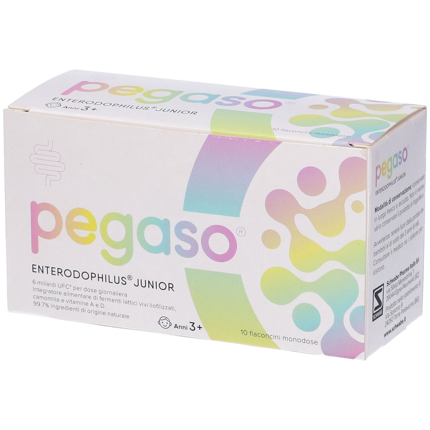 Scatola di Pegaso Enterodophilus Junior. Nome, logo, ingredienti e età 3+. 10 flaconcini monodose.
