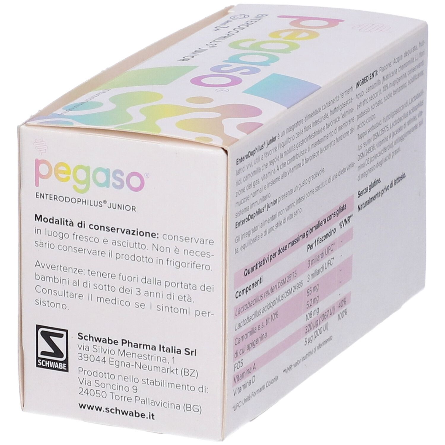Scatola di Pegaso Enterodophilus Junior. Avvertenze e informazioni del produttore. Nome e logo del prodotto.