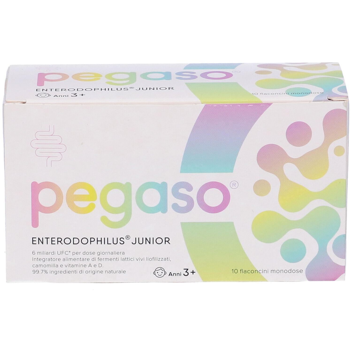 Scatola di Pegaso Enterodophilus Junior. Nome, logo, ingredienti e età 3+. 10 flaconcini monodose.