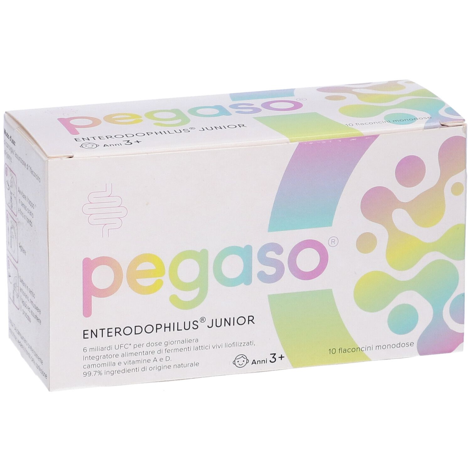 Scatola di Pegaso Enterodophilus Junior. Nome, logo, ingredienti e età 3+. 10 flaconcini monodose.
