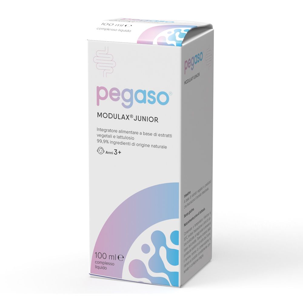 Scatola pieghevole bianca con stampa Pegaso Modulax Junior. Informazioni sul prodotto e logo sulla scatola.