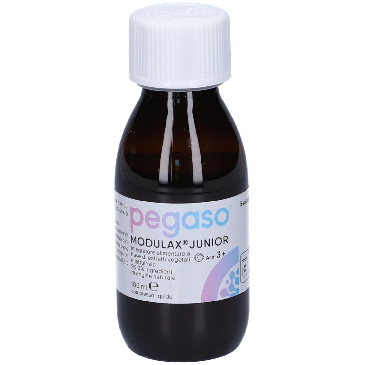 Flacone di vetro marrone con tappo a vite bianco. Etichetta con Pegaso Modulax Junior. 100 ml.