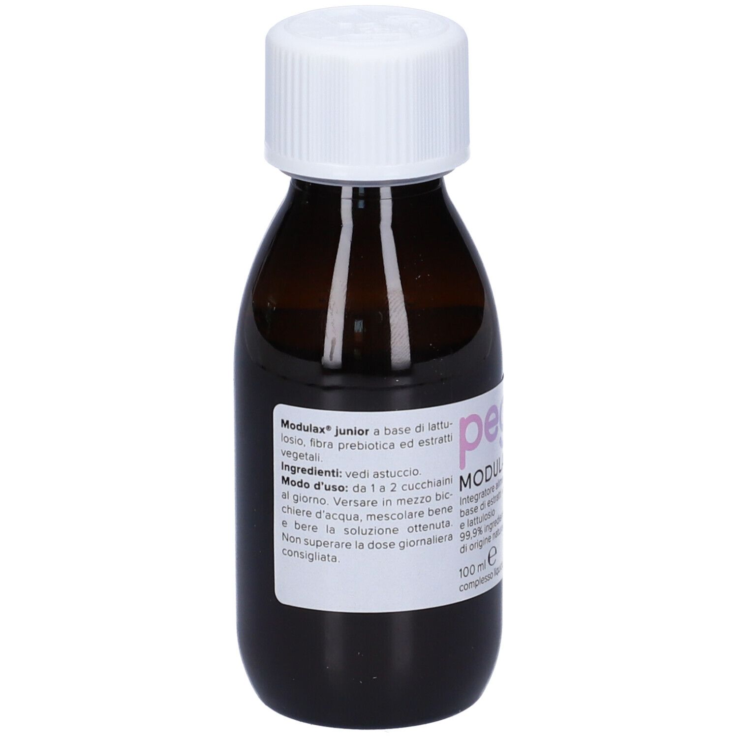 Flacone di vetro marrone con tappo a vite bianco. Etichetta con Pegaso Modulax Junior. 100 ml.