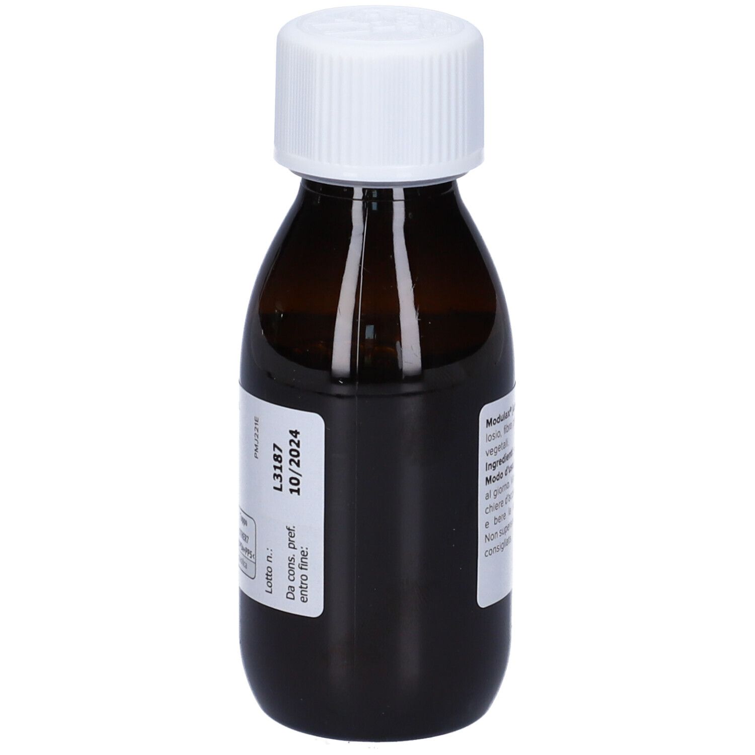 Flacone di vetro marrone con tappo a vite bianco. Etichetta con Pegaso Modulax Junior. 100 ml.