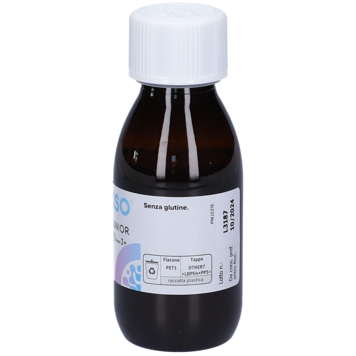 Flacone di vetro marrone con tappo a vite bianco. Etichetta con Pegaso Modulax Junior. 100 ml.