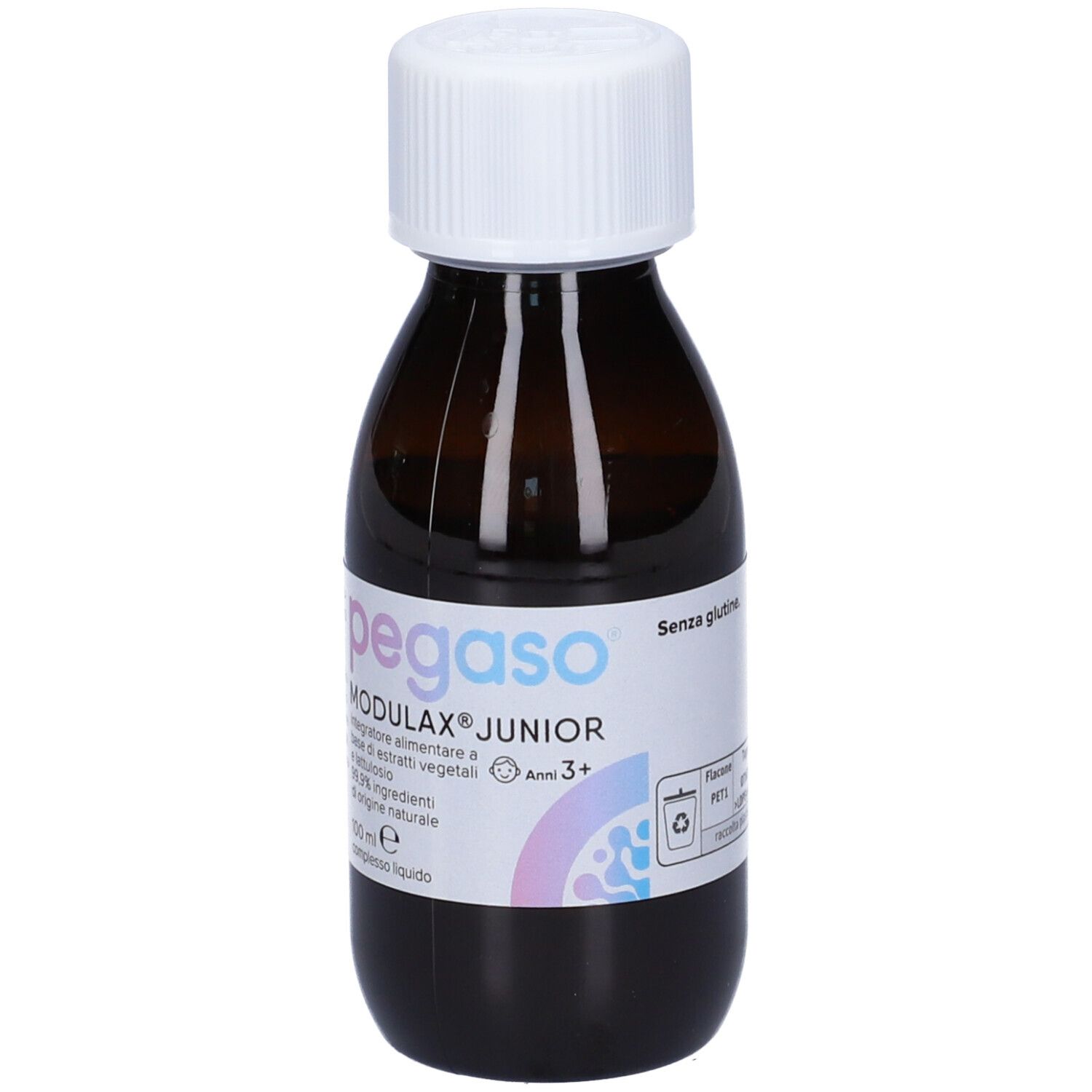 Flacone di vetro marrone con tappo a vite bianco. Etichetta con Pegaso Modulax Junior. 100 ml.