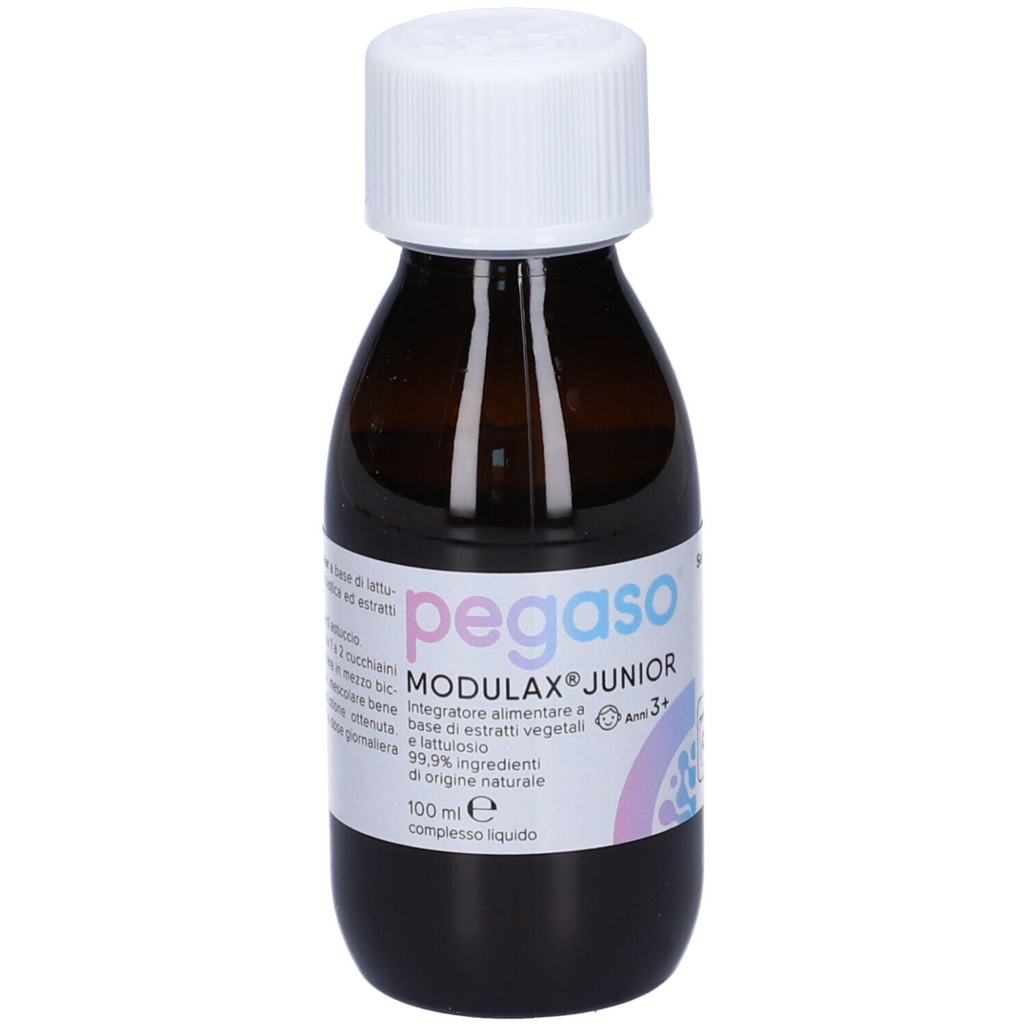 Flacone di vetro marrone con tappo a vite bianco. Etichetta con Pegaso Modulax Junior. 100 ml.