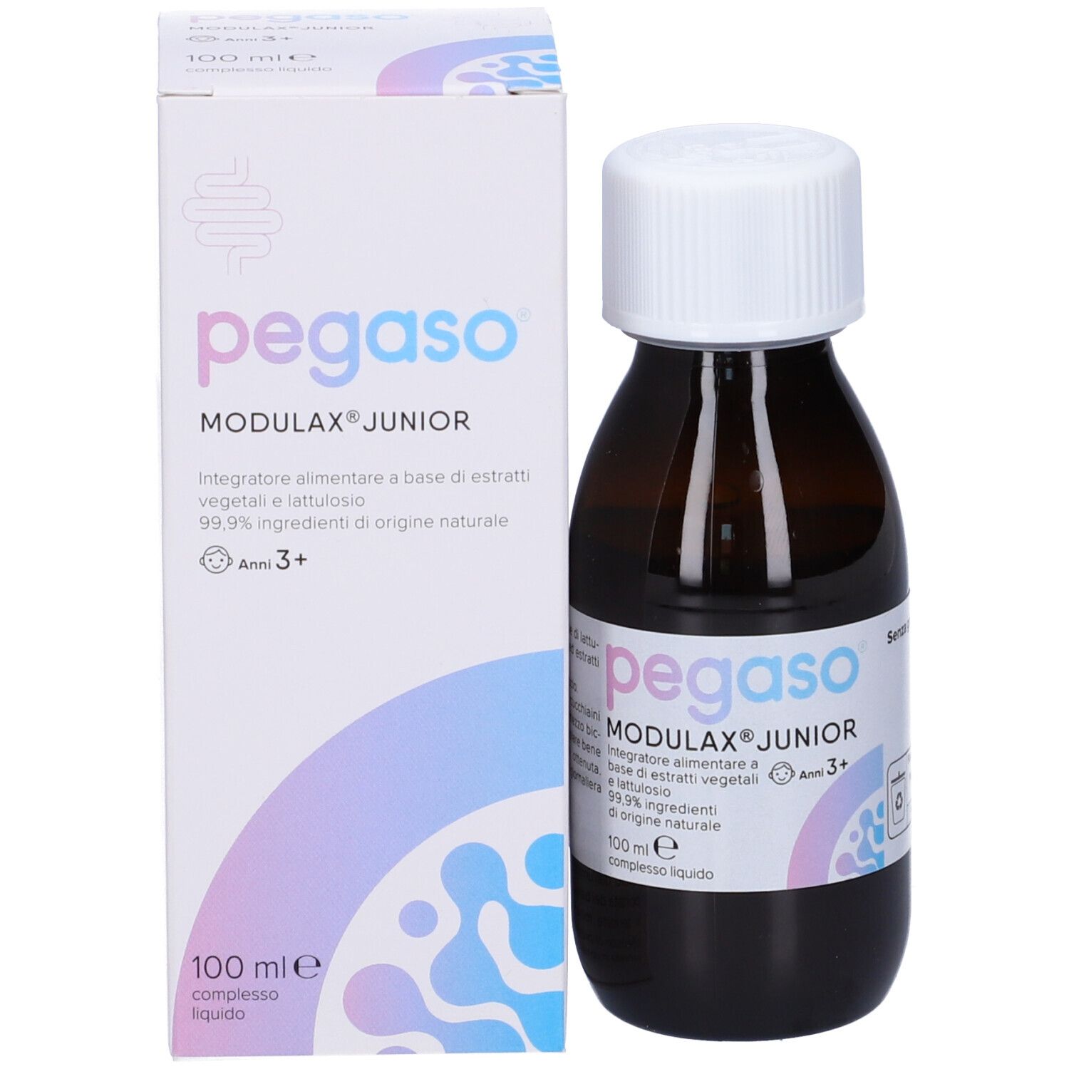 Flacone di vetro marrone con tappo a vite bianco e scatola pieghevole. Etichetta con Pegaso Modulax Junior. 100 ml.