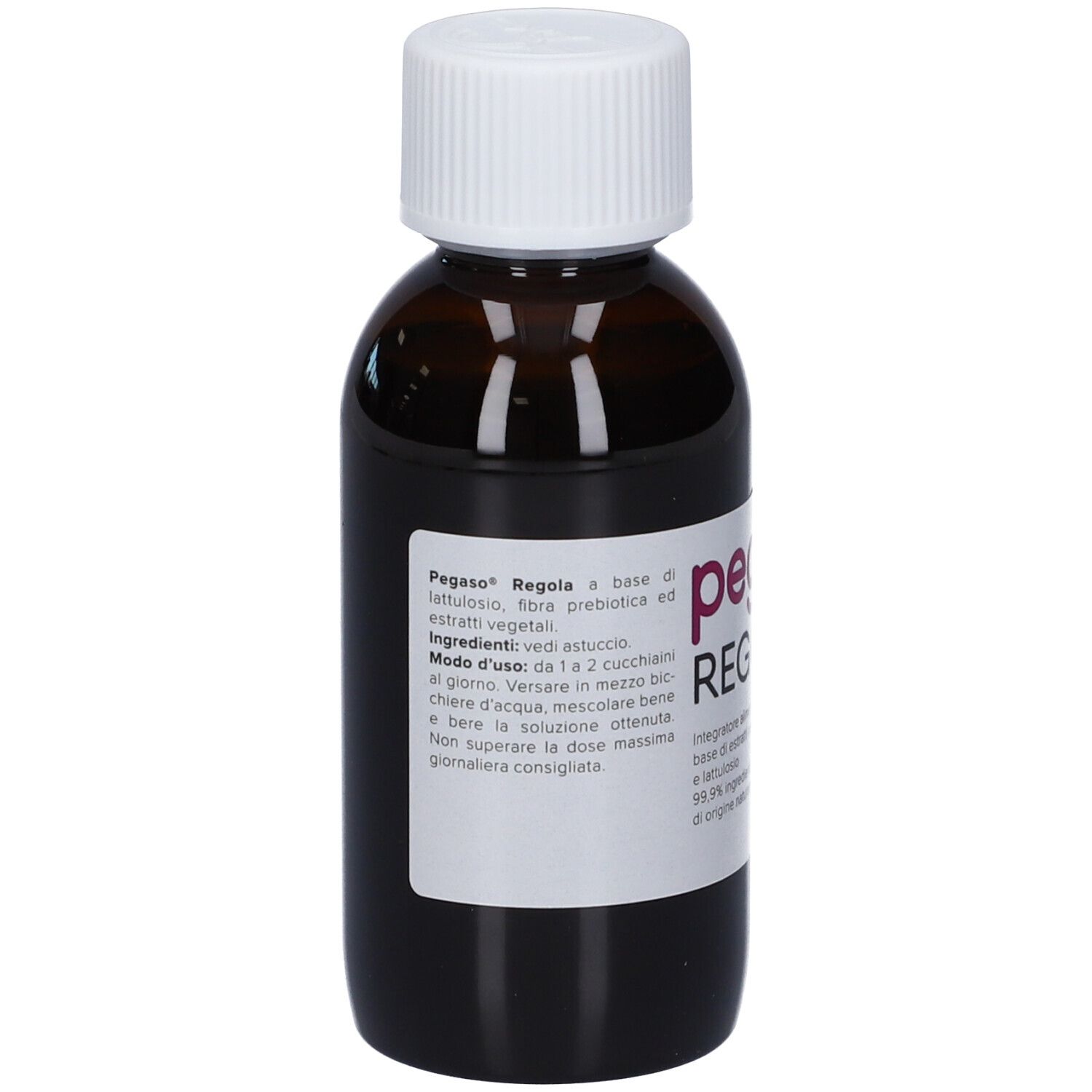 Braune Glasflasche mit weißem Schraubverschluss, Etikett mit Produktinformationen.
