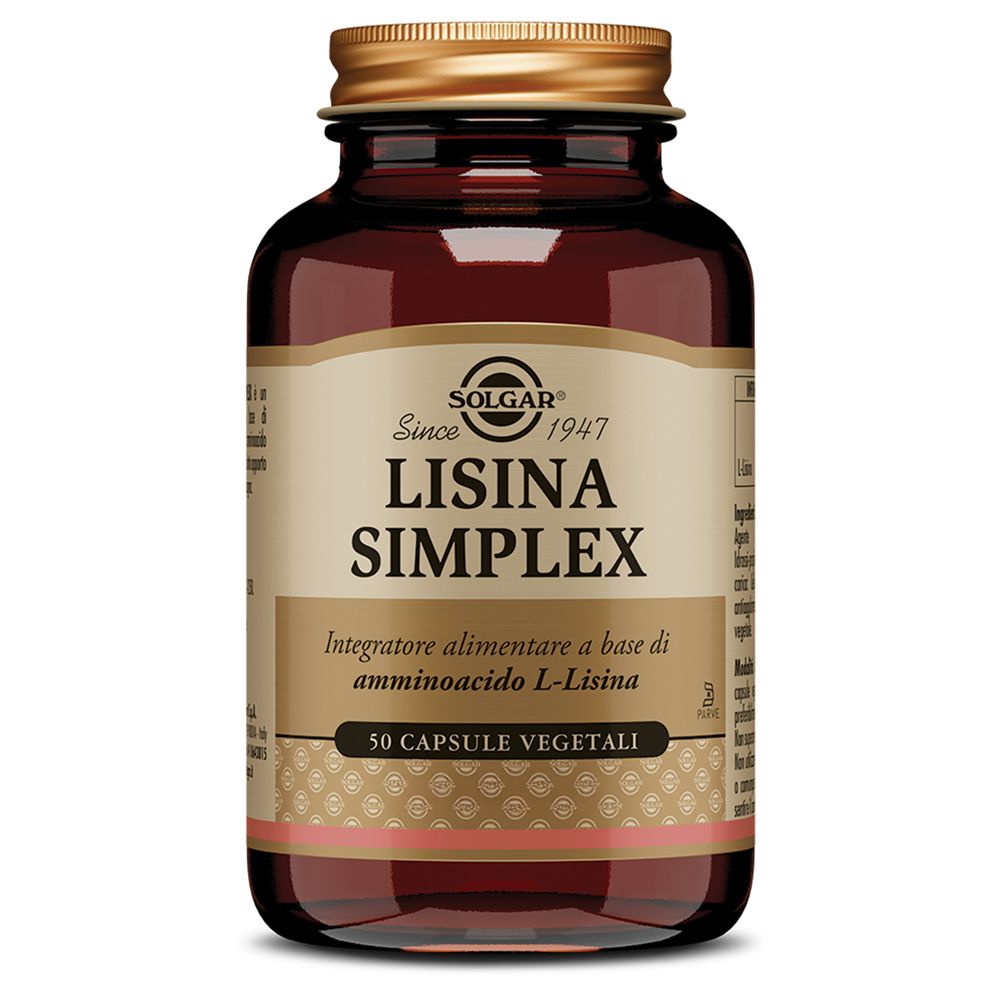 Flacone di vetro marrone con tappo dorato. L'etichetta riporta "SOLGAR Lisina Simplex". Contiene 50 capsule.