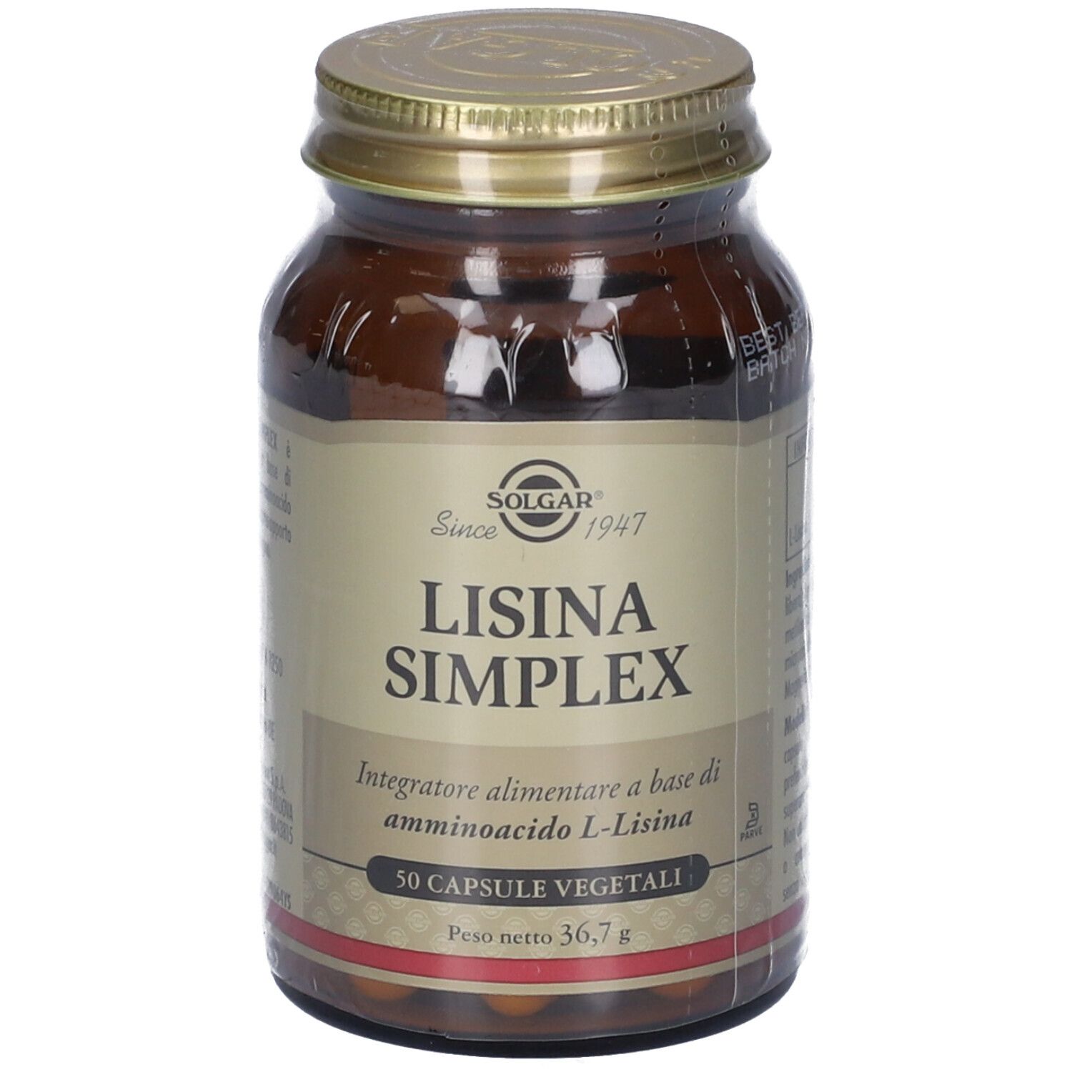Flacone di vetro marrone con tappo dorato. L'etichetta riporta "SOLGAR Lisina Simplex". Contiene 50 capsule.