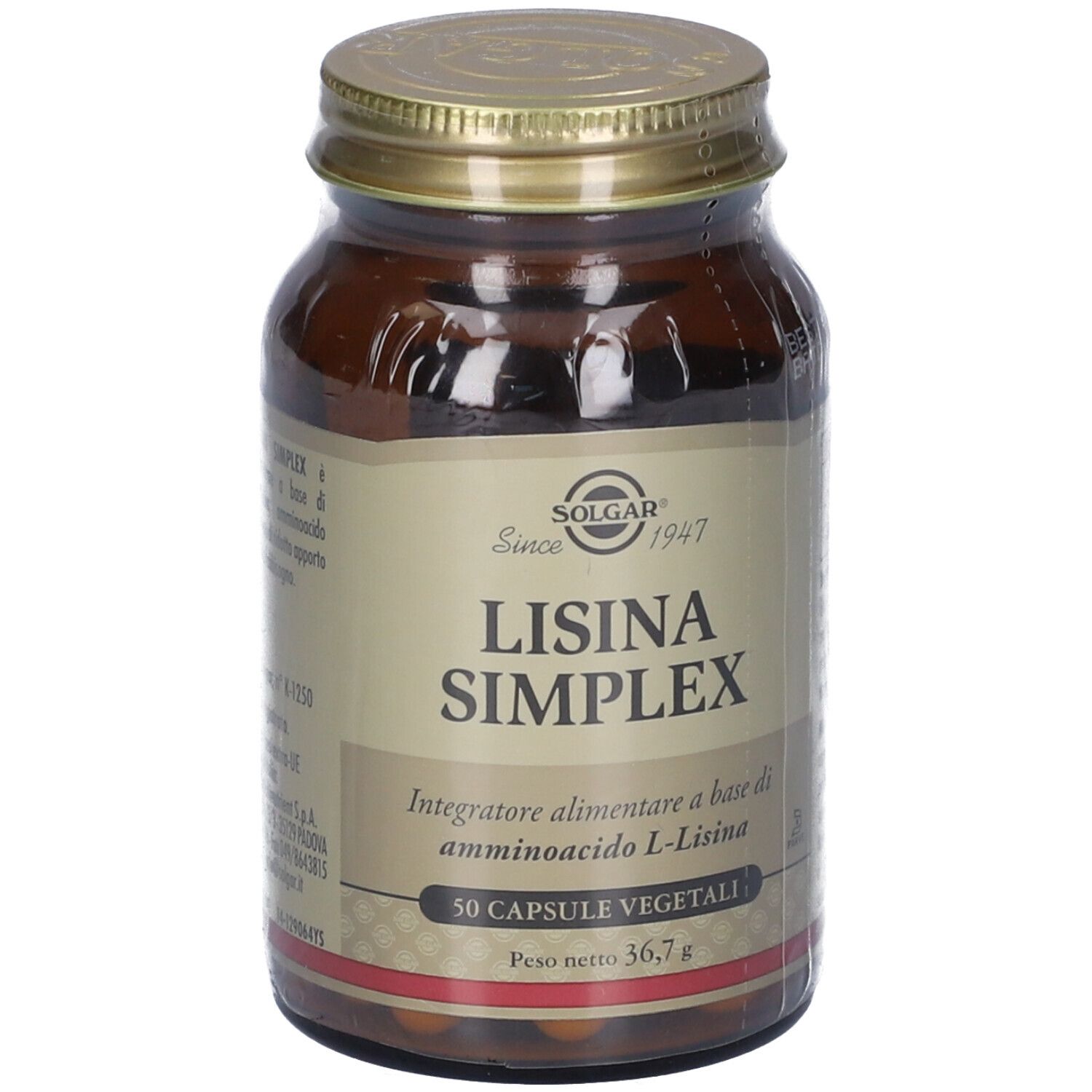 Flacone di vetro marrone con tappo dorato. L'etichetta riporta "SOLGAR Lisina Simplex". Contiene 50 capsule.