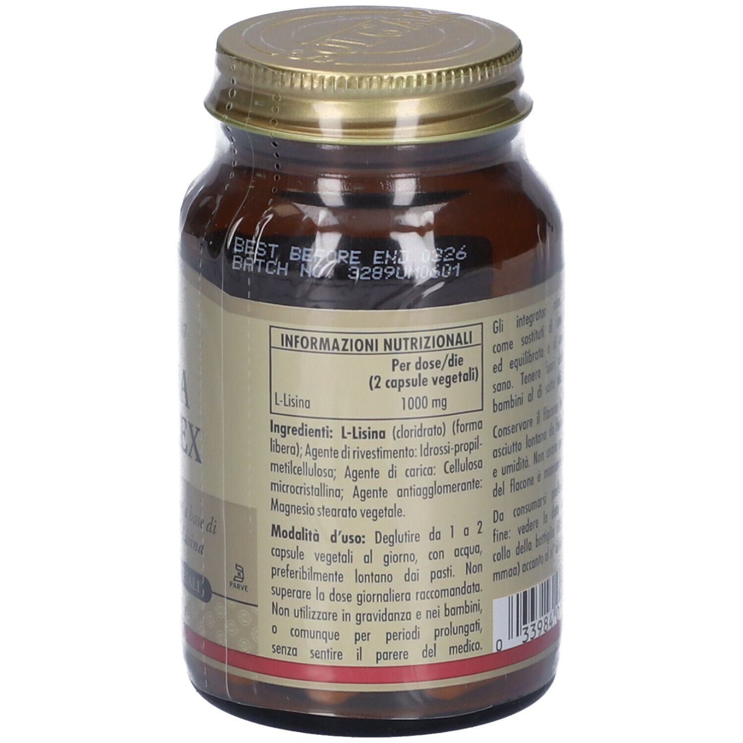 Retro di un flacone di vetro marrone con tappo dorato. Contiene informazioni su ingredienti e dosaggio.