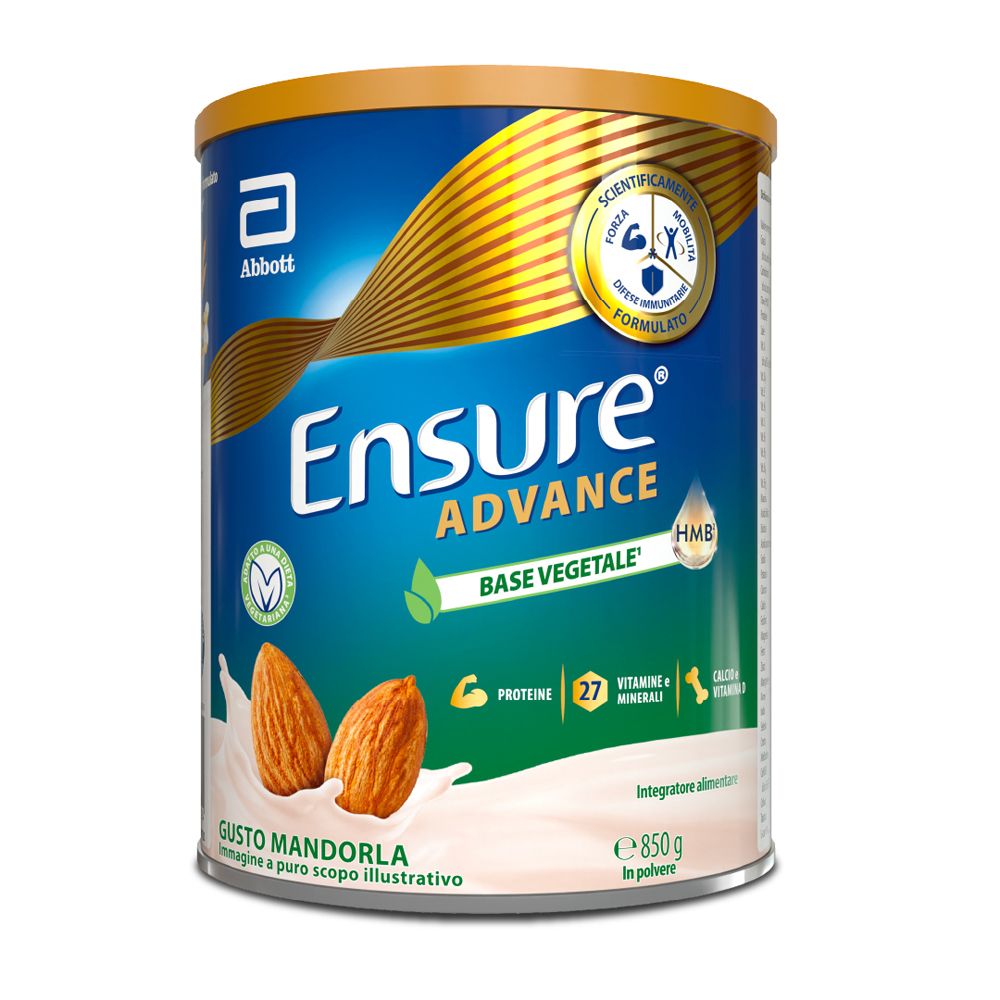 Lattina Ensure Advance Base Vegetale, gusto mandorla. Contiene 27 vitamine e minerali. Con mandorle e latte.