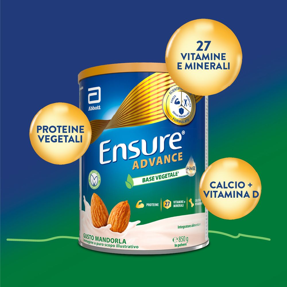 Lattina Ensure Advance Base Vegetale. Con proteine, 27 vitamine e minerali, calcio + vitamina D. Mandorle.