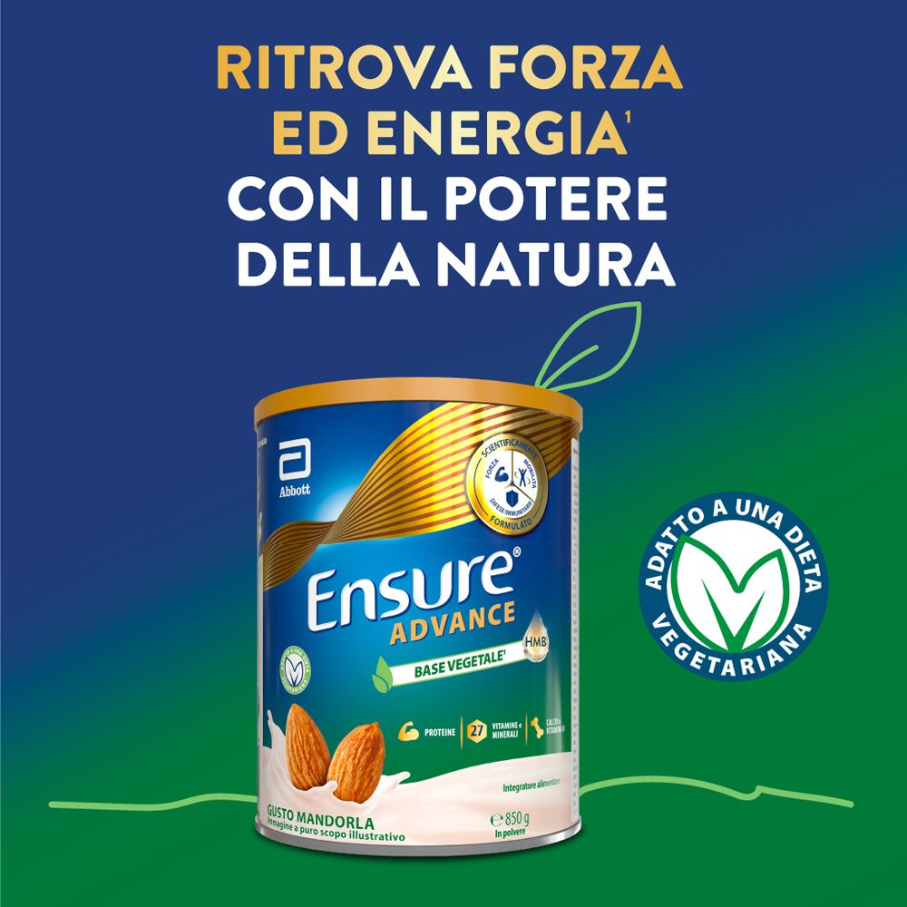 Lattina Ensure Advance Base Vegetale. Testo: 'RITROVA FORZA ED ENERGIA' e 'ADATTO A UNA DIETA VEGETARIANA'.