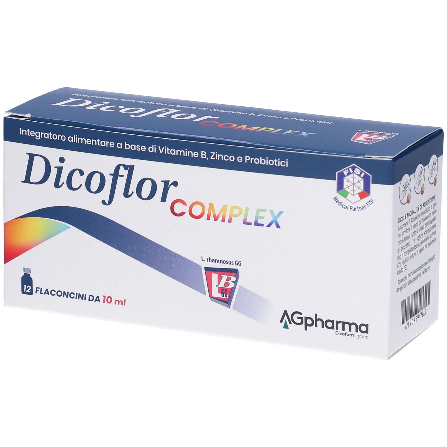 Boîte de Dicoflor-Komplex. Contient 12 flacons. Inscription : 'Integratore alimentare a base di Vitamine B, Zinco e Probiotici'.