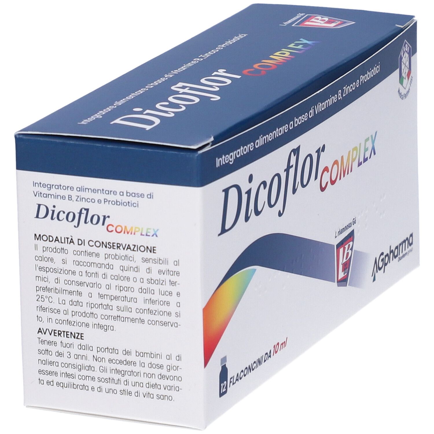 Boîte de Dicoflor-Komplex. Texte : 'Integratore alimentare a base di Vitamine B, Zinco e Probiotici'. Contient 12 flacons.