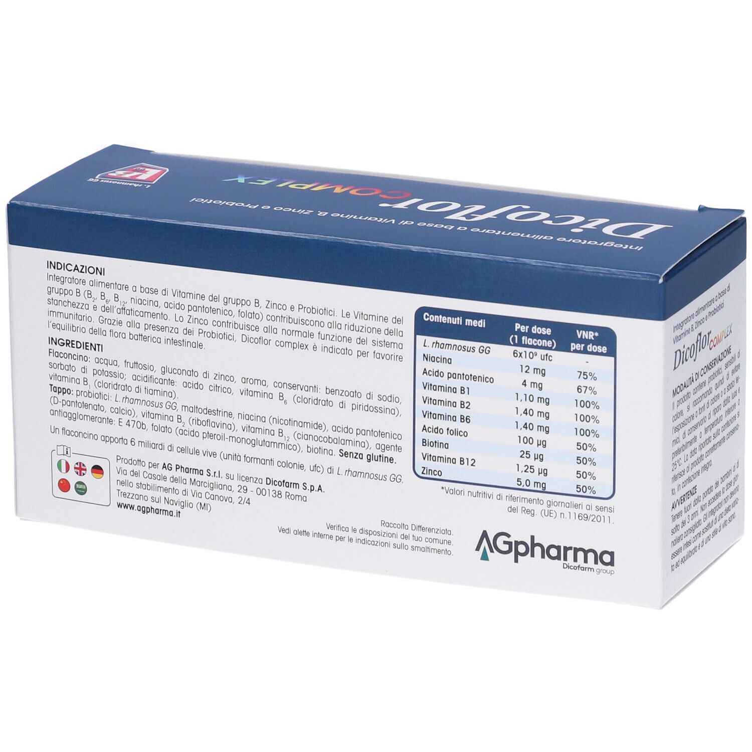 Dos de l'emballage Dicoflor-Komplex. Contient des informations sur les ingrédients et les valeurs nutritionnelles. Logo AGpharma.