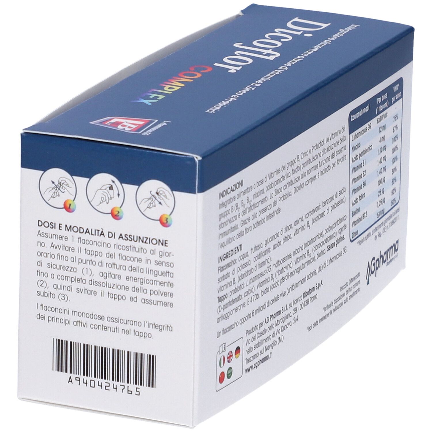 Emballage de Dicoflor-Komplex. Contient des informations sur l'utilisation. Logo AGpharma. Code-barres.