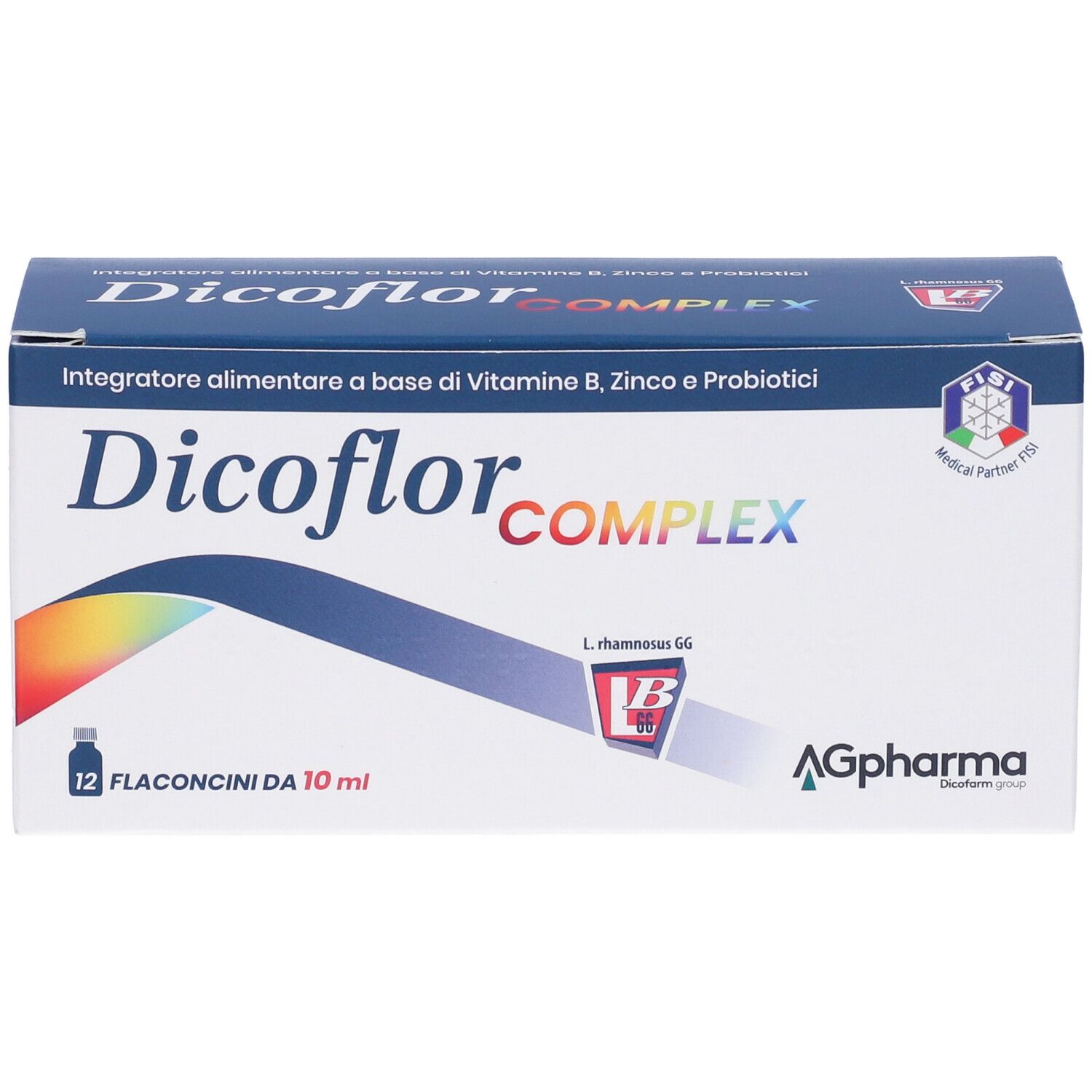 Boîte de Dicoflor-Komplex. Inscription : 'Integratore alimentare a base di Vitamine B, Zinco e Probiotici'. 12 flacons.