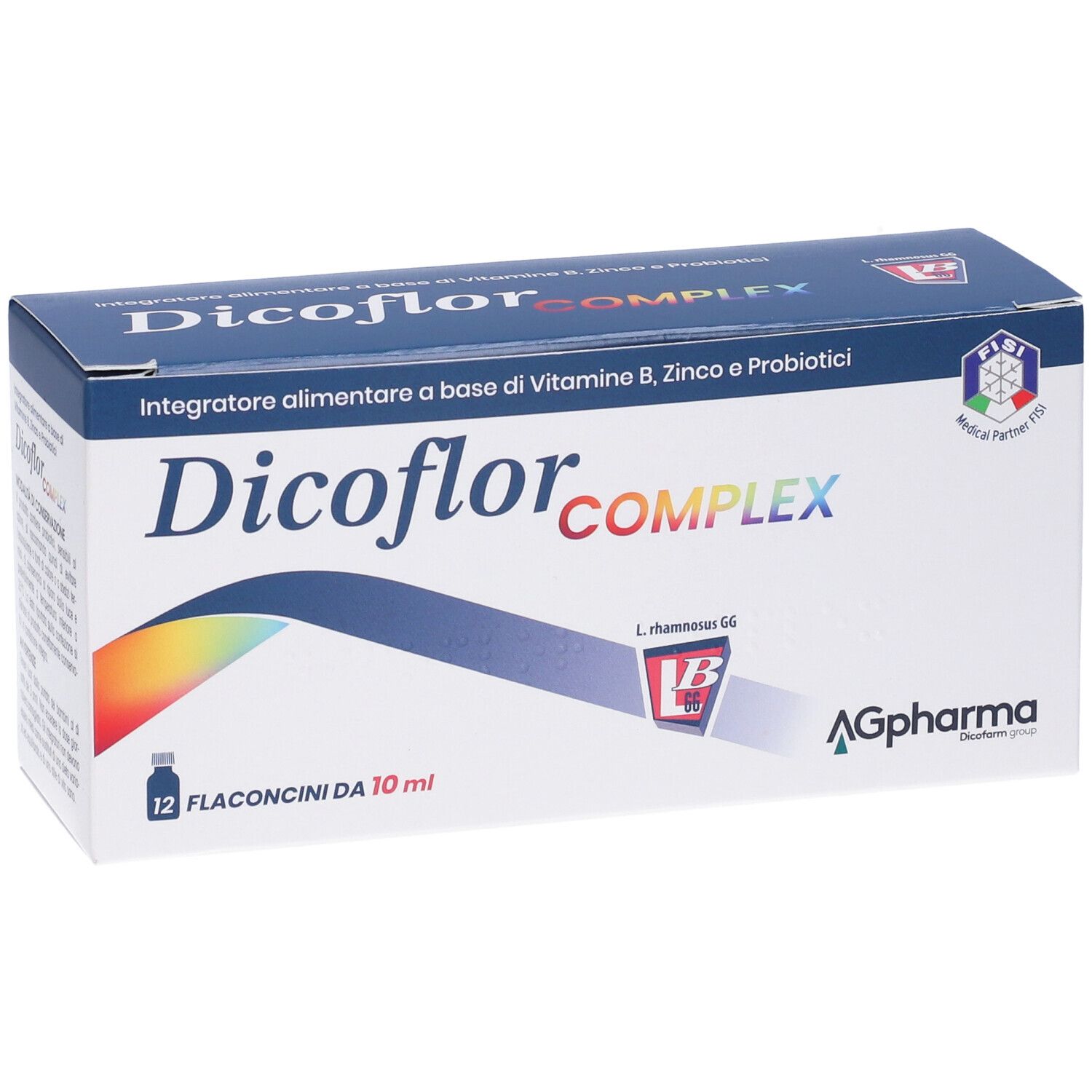 Boîte de Dicoflor-Komplex. Inscription : 'Integratore alimentare a base di Vitamine B, Zinco e Probiotici'. 12 flacons.