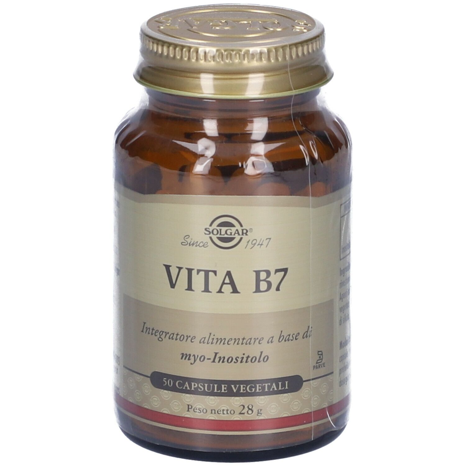 Flacone di vetro marrone con tappo dorato. Scritta SOLGAR Vita B7. 50 capsule, 28g.