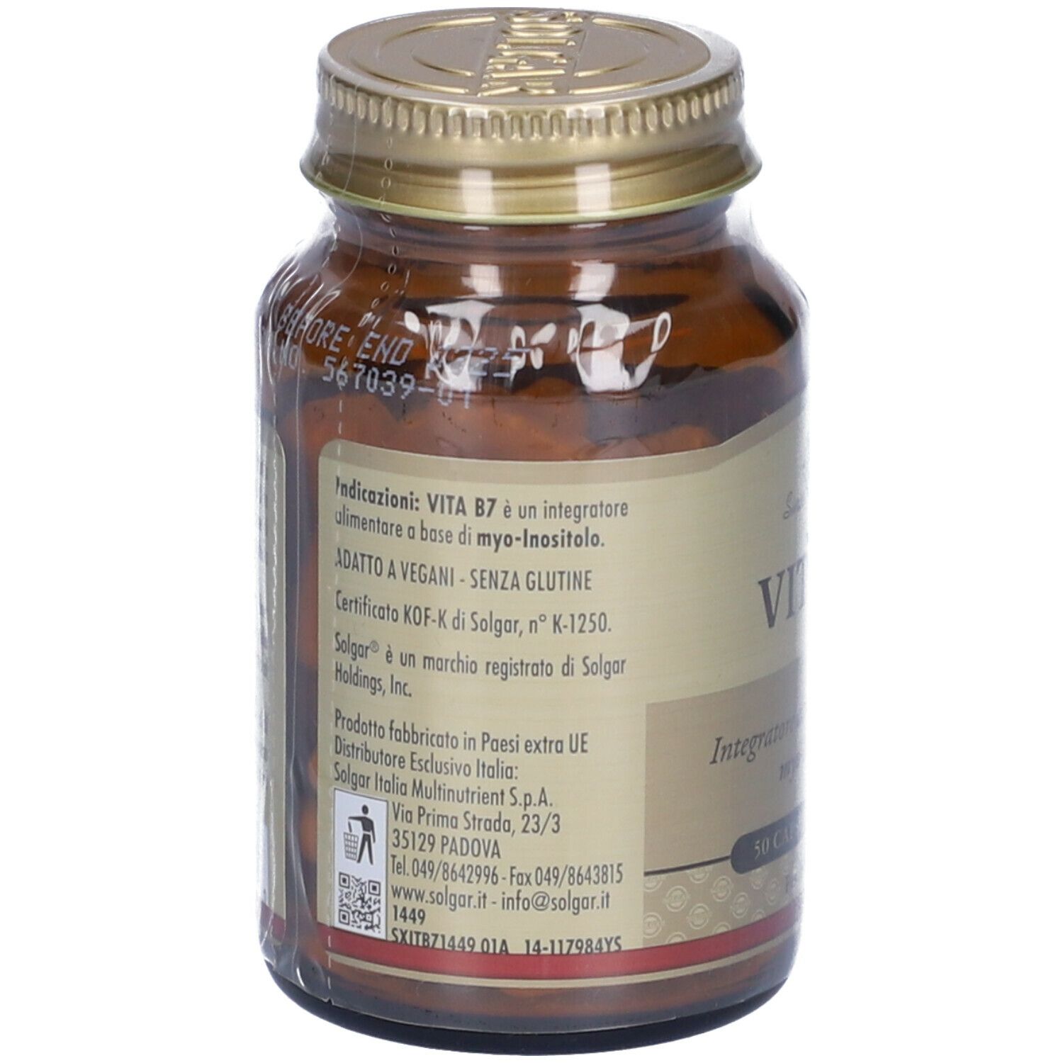 Retro del flacone di vetro marrone. Scritta: Vita B7, adatto ai vegani, senza glutine. Informazioni produttore.