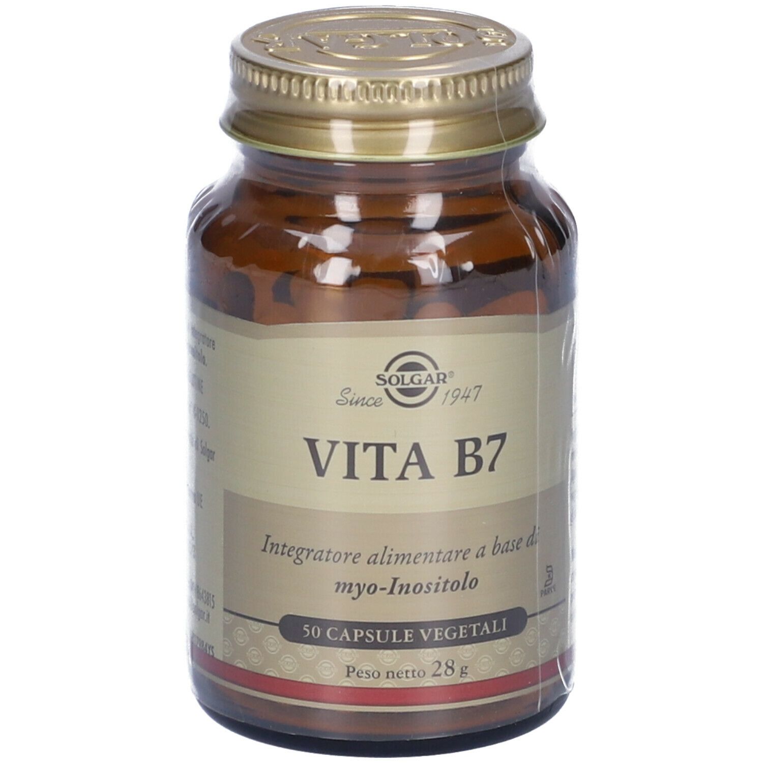 Flacone di vetro marrone con tappo dorato. Scritta SOLGAR Vita B7. 50 capsule, 28g.