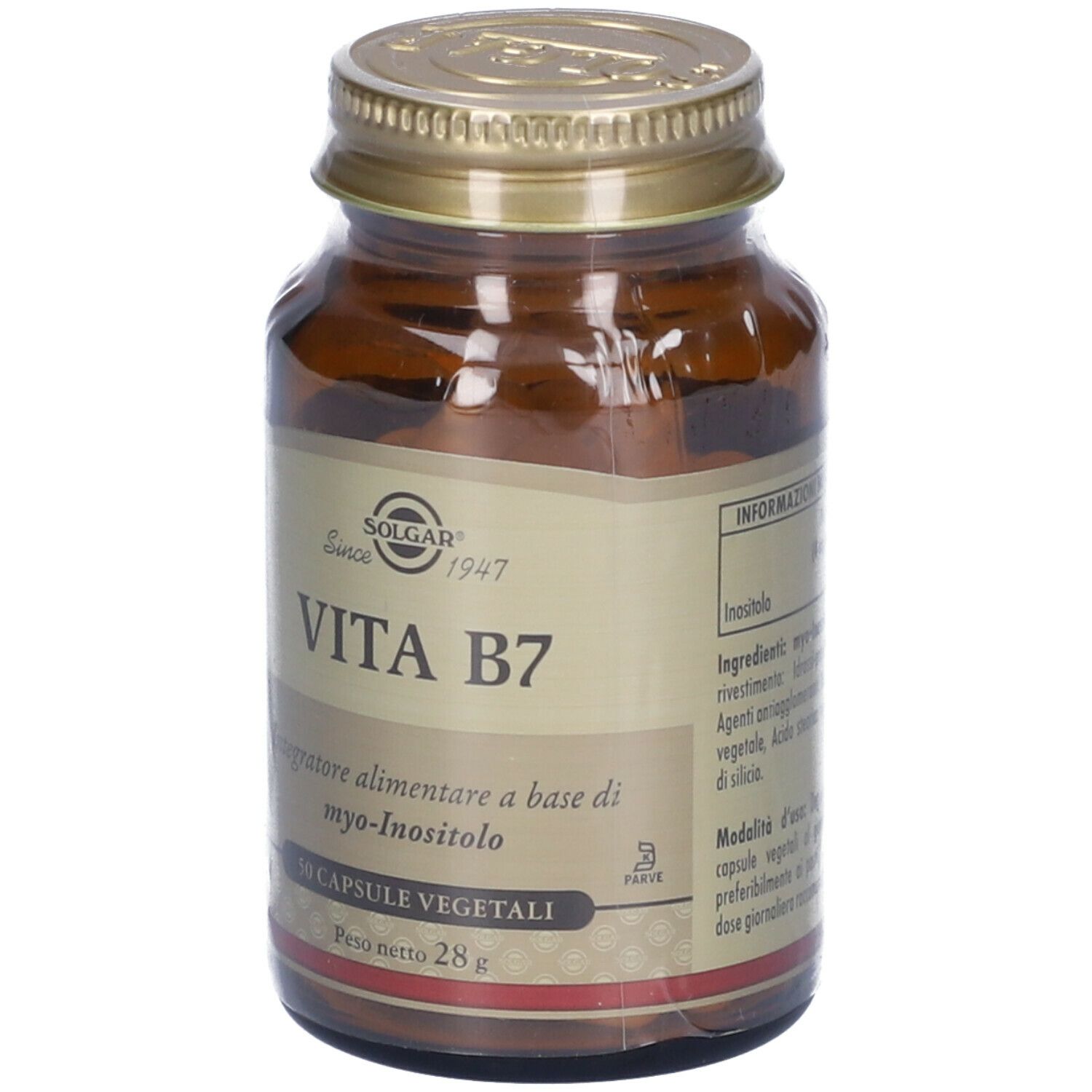 Flacone di vetro marrone con tappo dorato. Scritta SOLGAR Vita B7. 50 capsule, 28g. Informazioni.