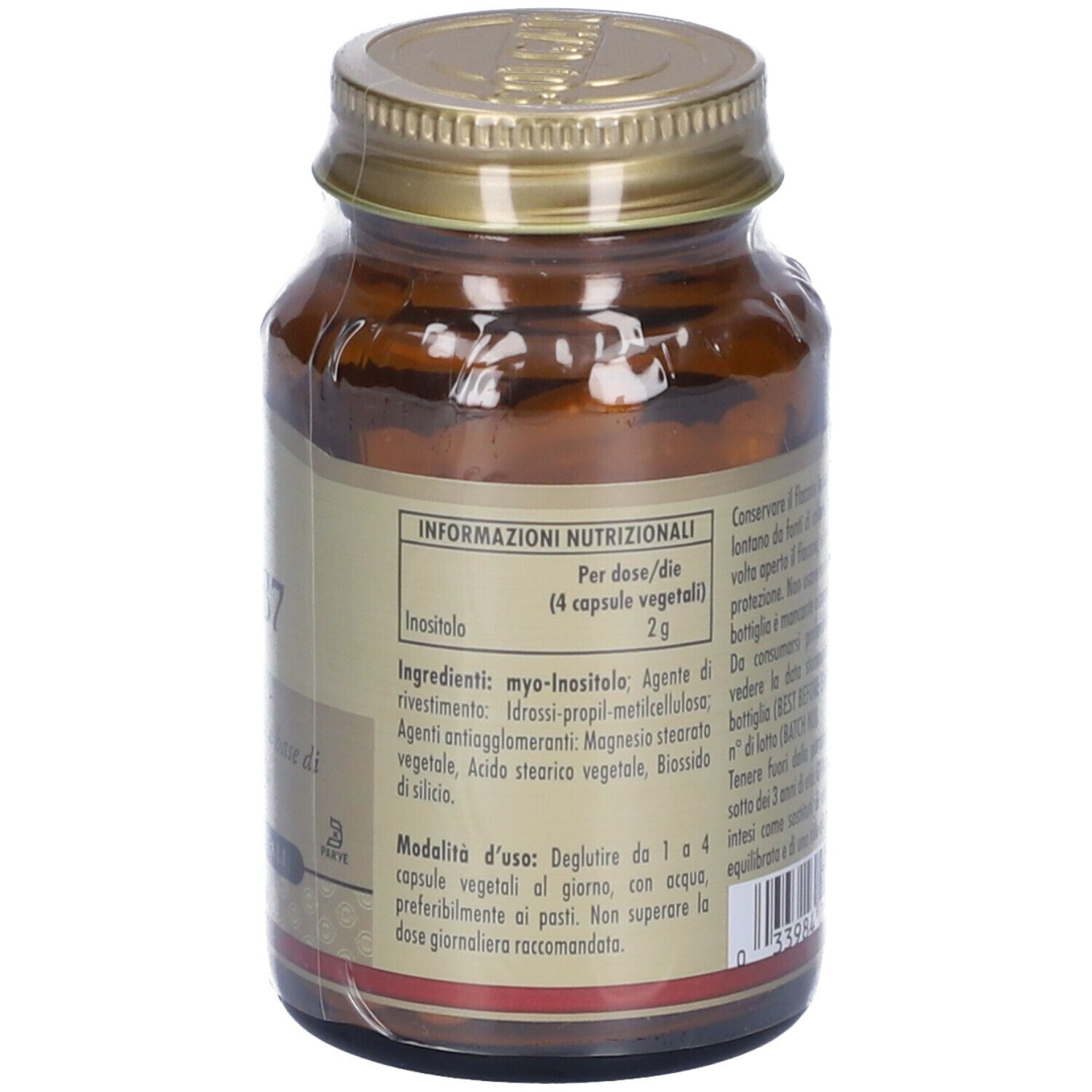 Retro del flacone di vetro marrone. Informazioni nutrizionali, ingredienti, modalità d'uso. 4 capsule.