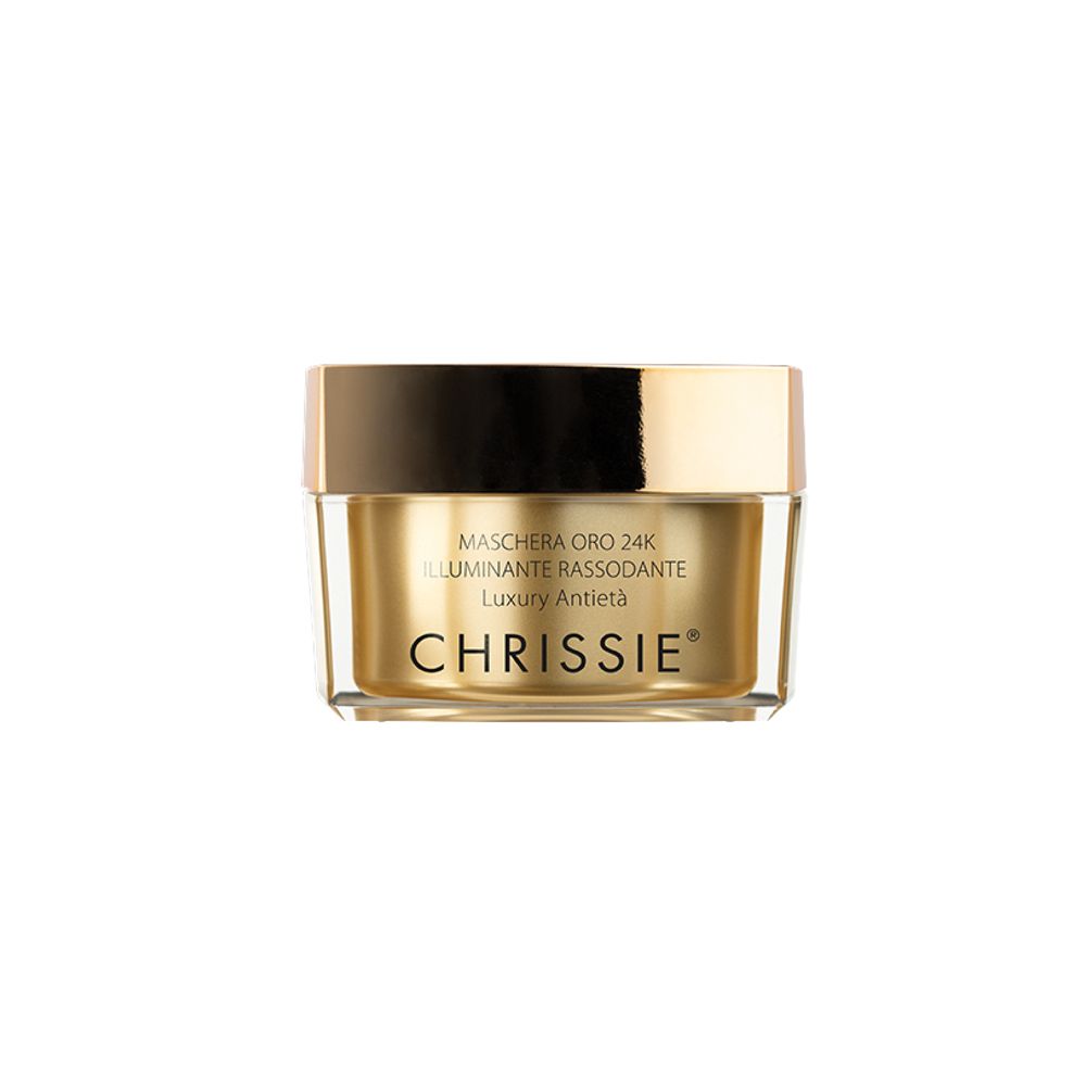 Vasetto dorato con coperchio. Scritta: MASCHERA ORO 24K, CHRISSIE. Confezione trasparente.