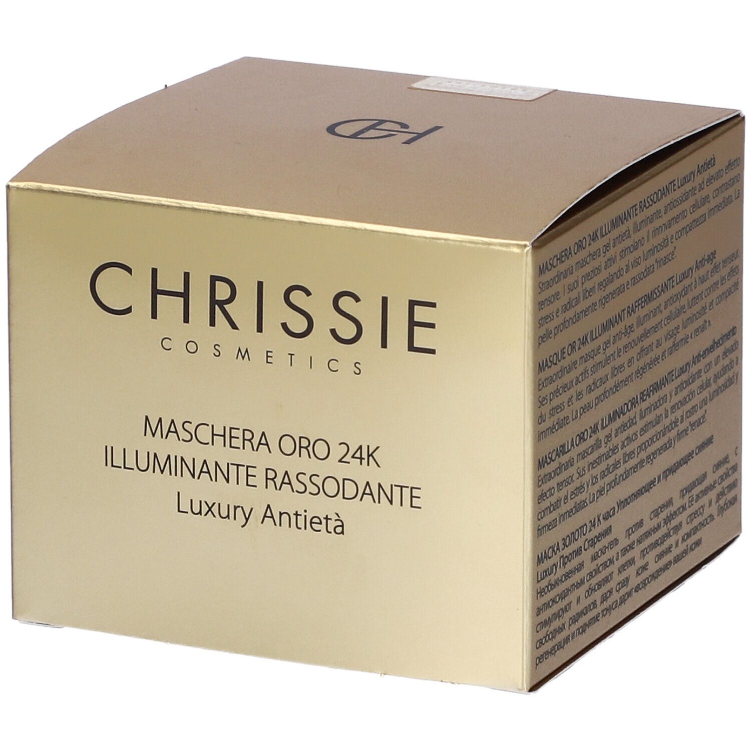 Confezione dorata. Scritta: CHRISSIE COSMETICS, MASCHERA ORO 24K. Testo in italiano.