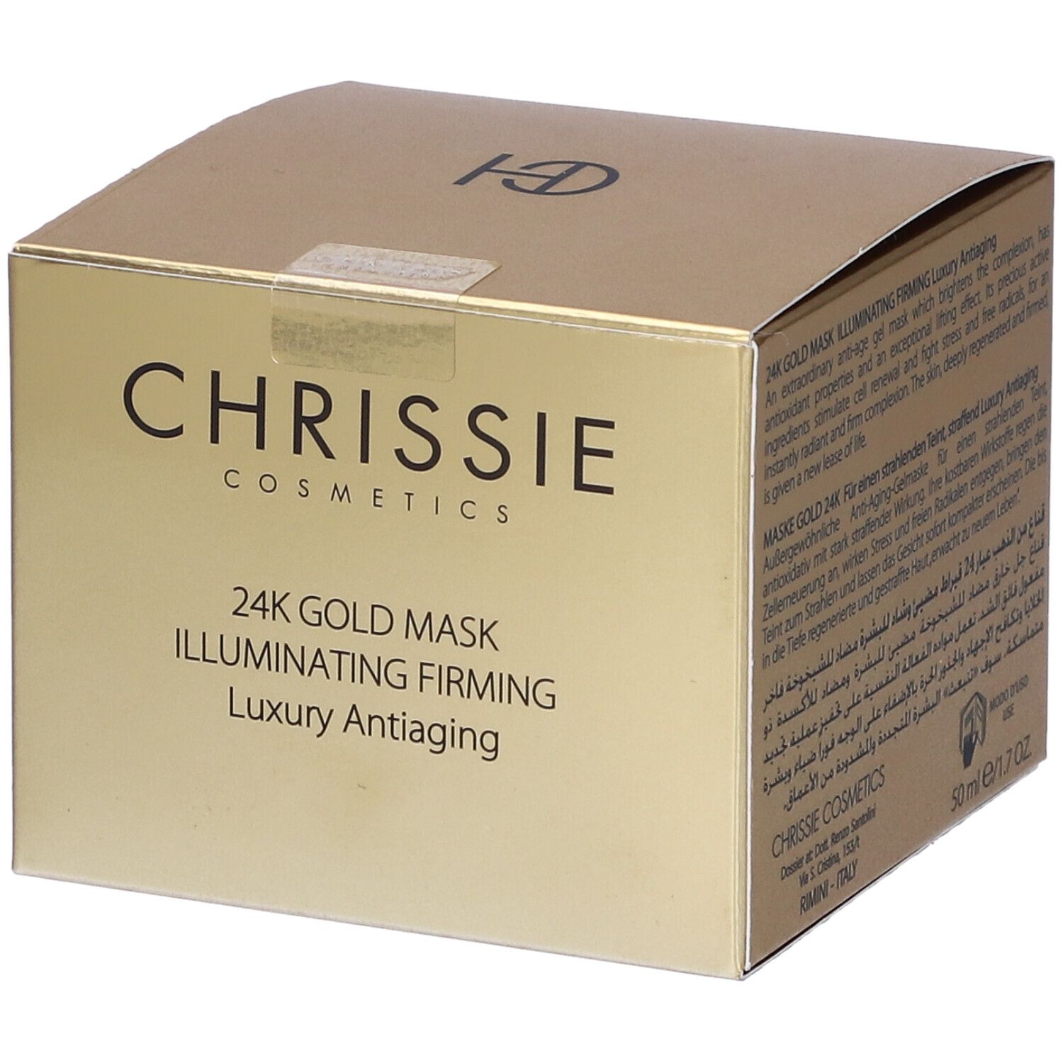 Confezione dorata. Scritta: CHRISSIE COSMETICS, 24K GOLD MASK. Testo multilingue.