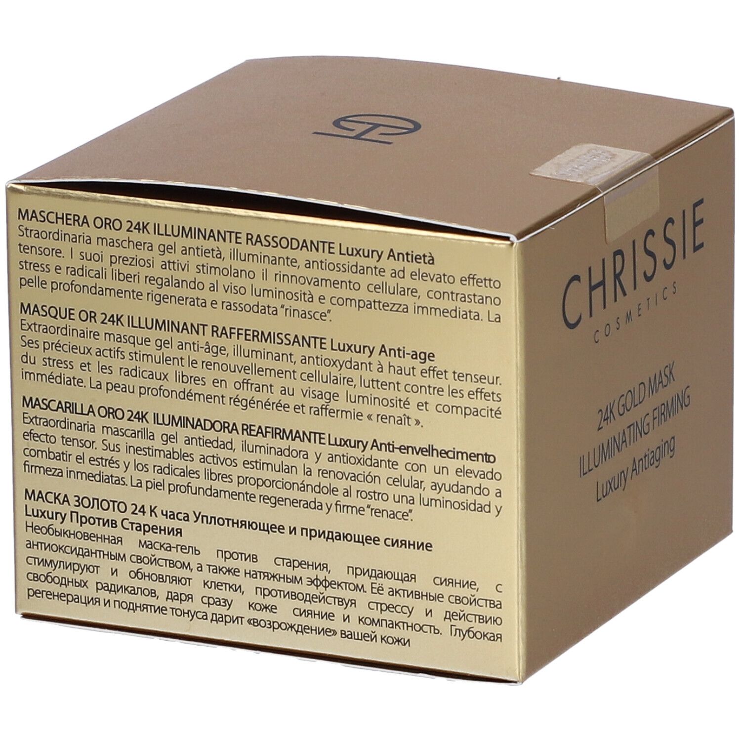 Confezione dorata. Scritta: CHRISSIE COSMETICS, MASCHERA ORO 24K. Testo in italiano.