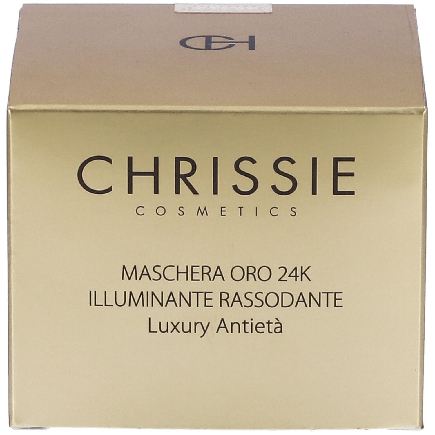 Confezione dorata. Scritta: CHRISSIE COSMETICS, MASCHERA ORO 24K. Testo in italiano.