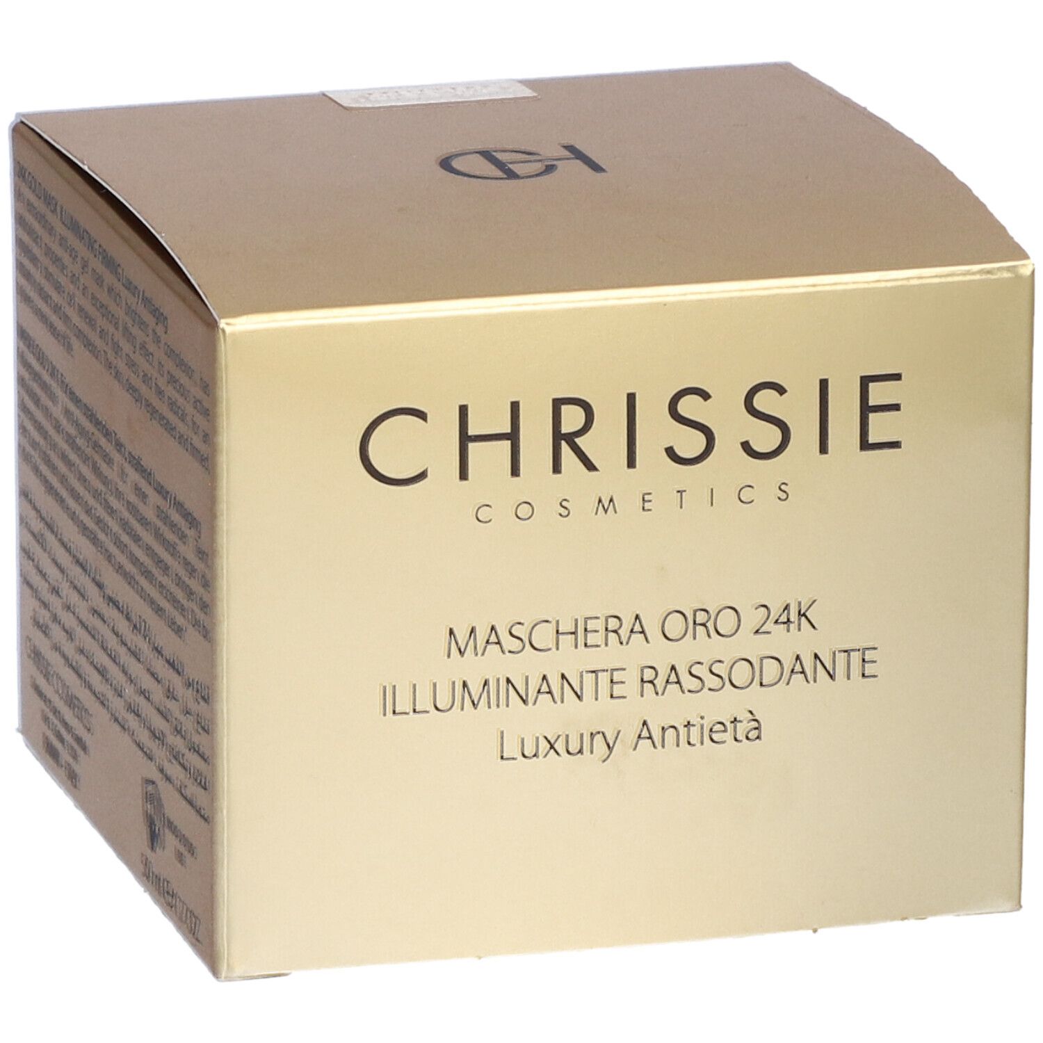 Confezione dorata. Scritta: CHRISSIE COSMETICS, MASCHERA ORO 24K. Testo in italiano.