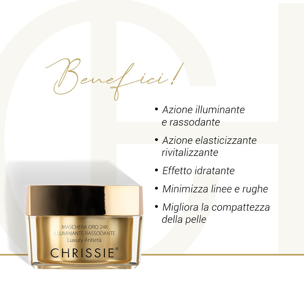 Prodotto con testo. Scritta: MASCHERA ORO 24K, CHRISSIE. Benefici: illuminante, rassodante, idratante.