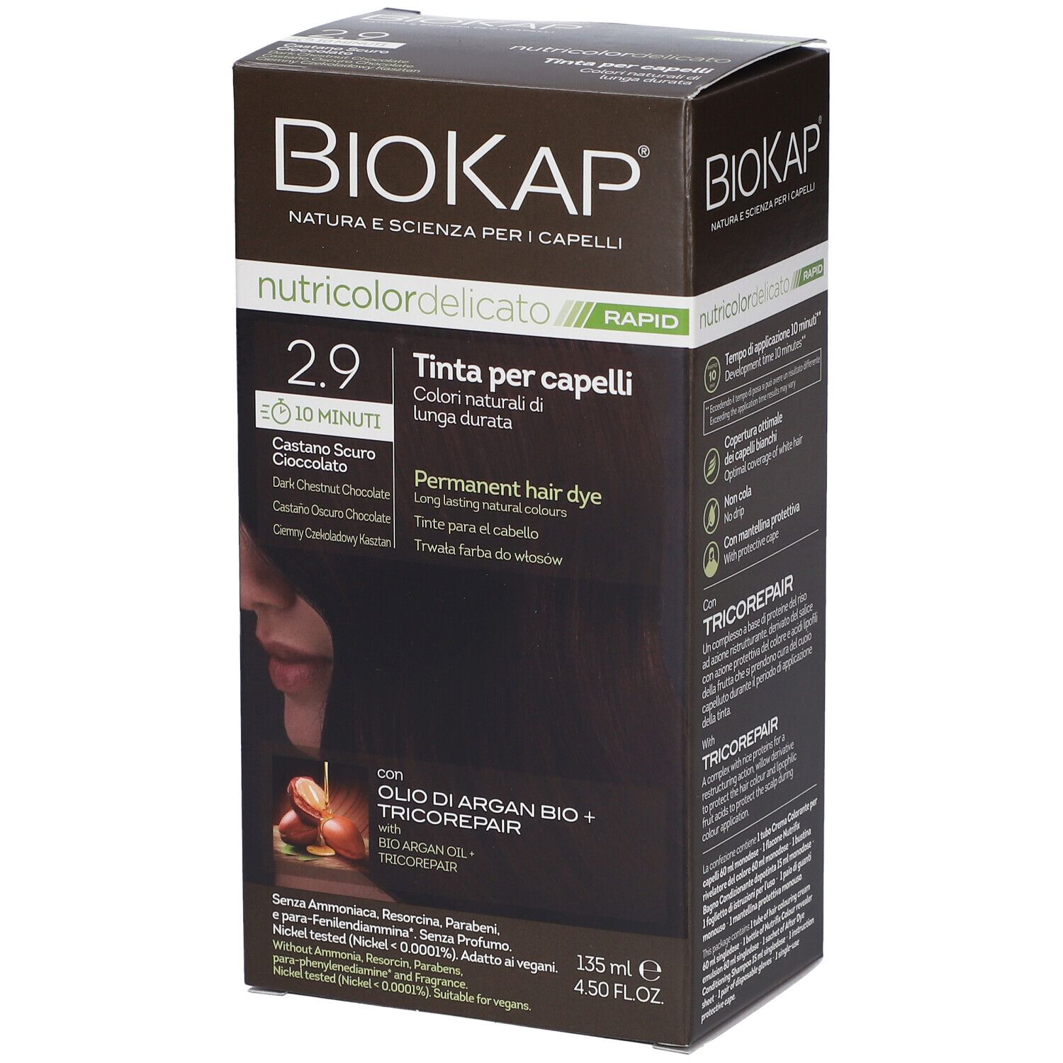 Biokap Nutricolor Delicato Rapid 2.9 Dunkelbraun Schokolade Haarfarbe. 135 ml.