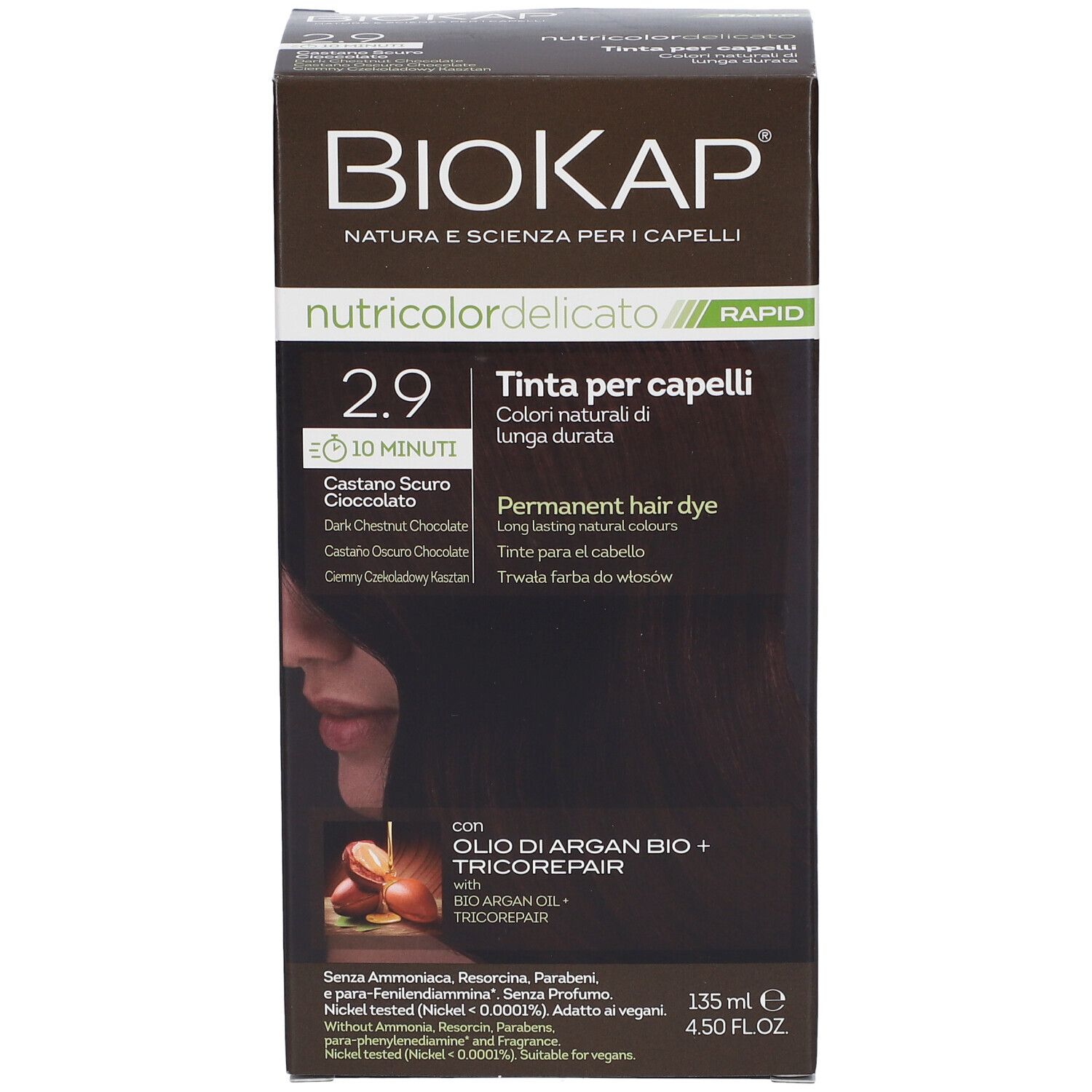 Biokap Nutricolor Delicato Rapid 2.9, permanente Haarfarbe, Kastanie Dunkel Schokolade, 135 ml.