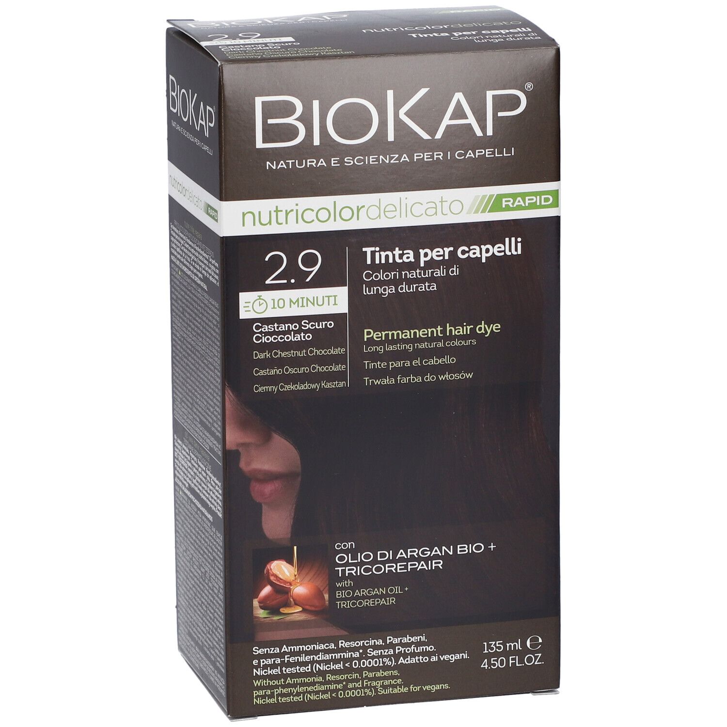 Biokap Nutricolor Delicato 2.9 Dunkelbraune Haarfarbe, 135 ml.