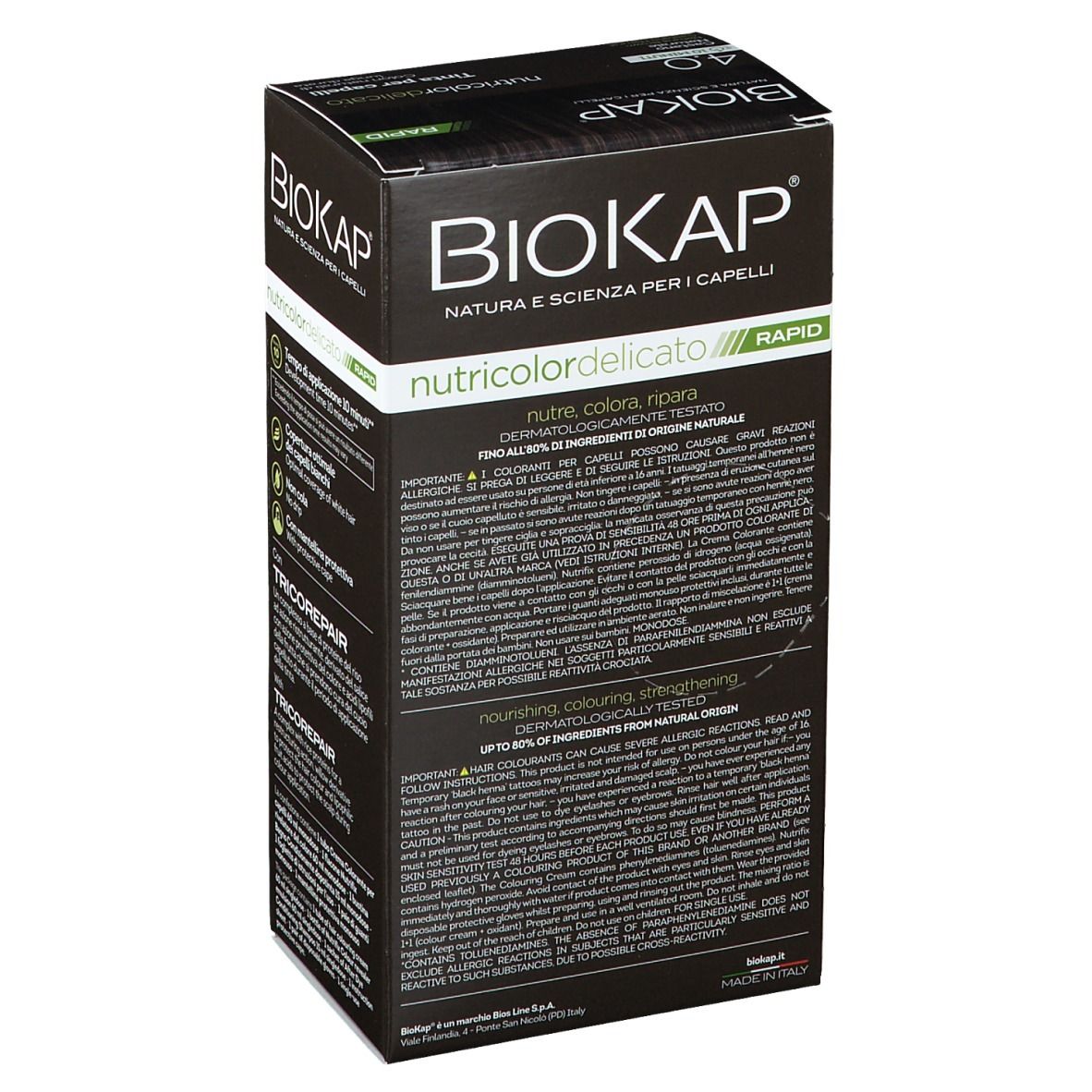 Boîte de coloration capillaire BioKap. 4.0 Châtain Naturel. Dos avec texte.