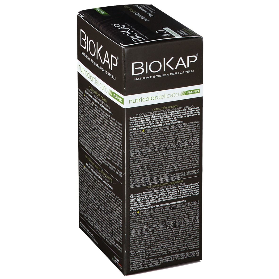 Boîte de coloration capillaire BioKap. 4.0 Châtain Naturel. Dos avec texte.