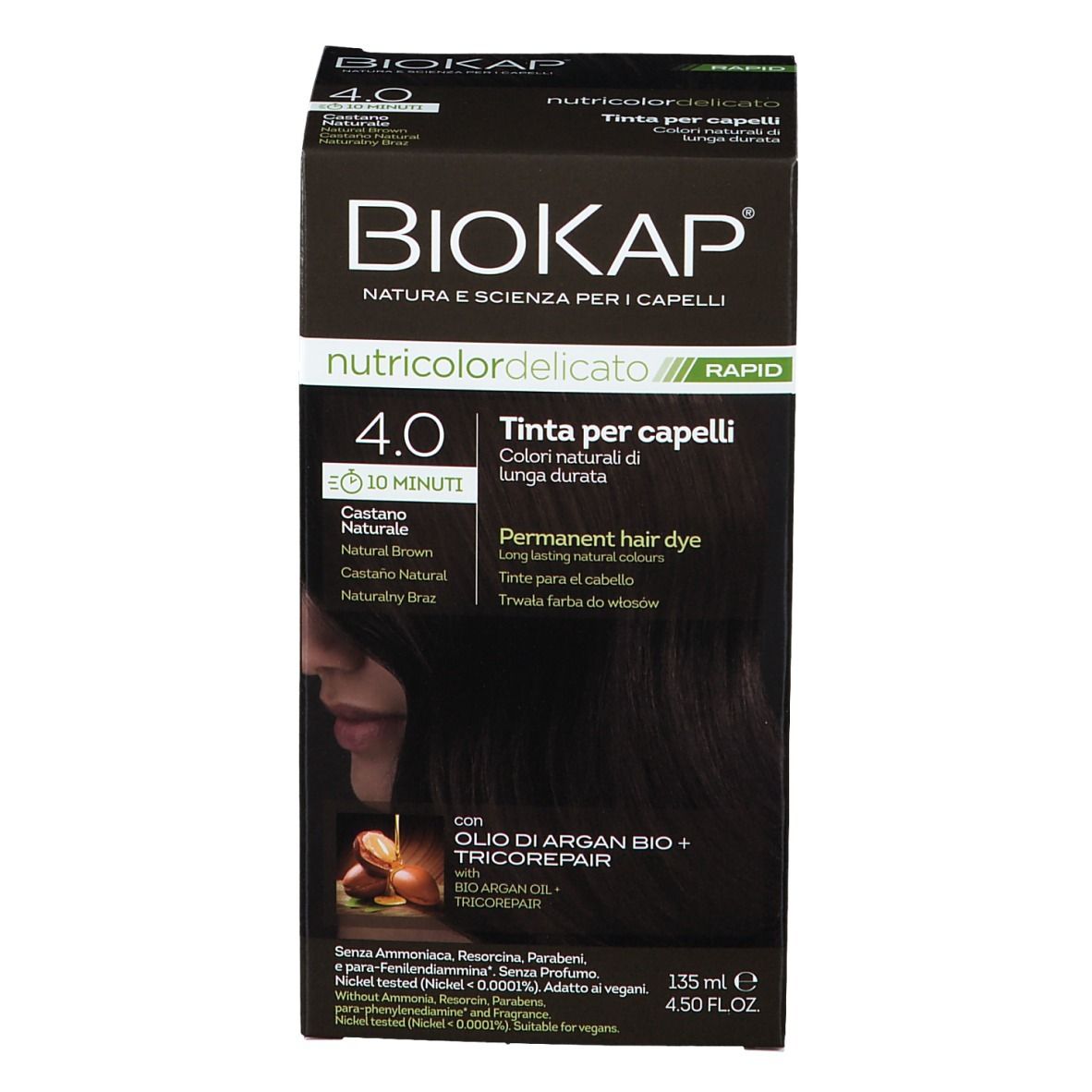 Boîte de coloration capillaire BioKap. 4.0 Châtain Naturel. Face avec texte et image.