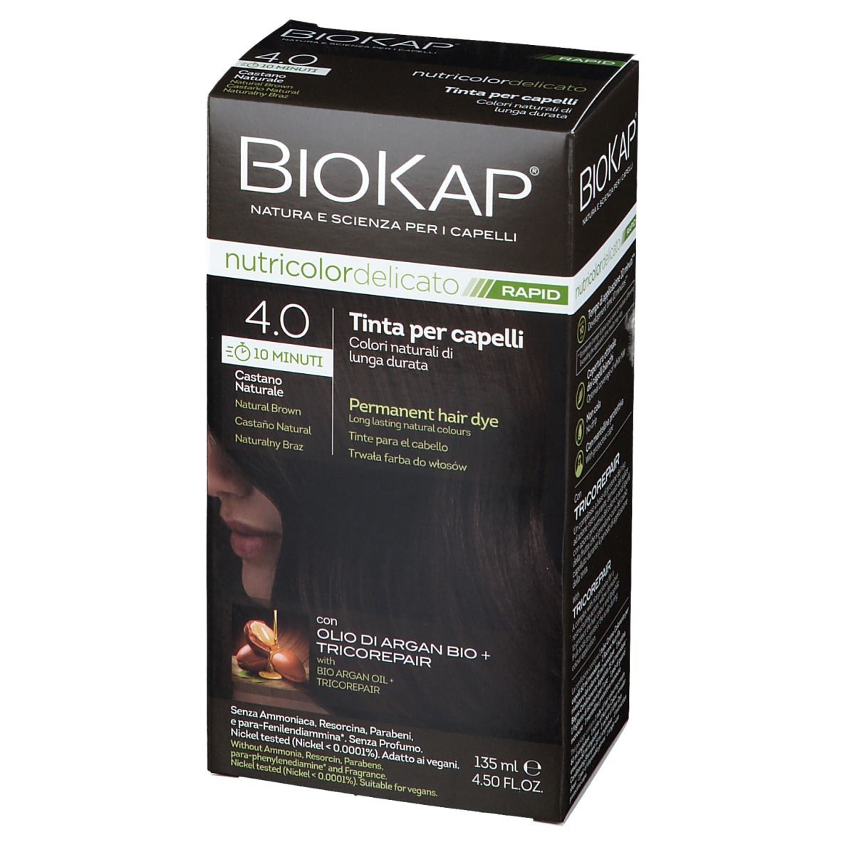 Boîte de coloration capillaire BioKap. 4.0 Châtain Naturel. Face avec texte et image.