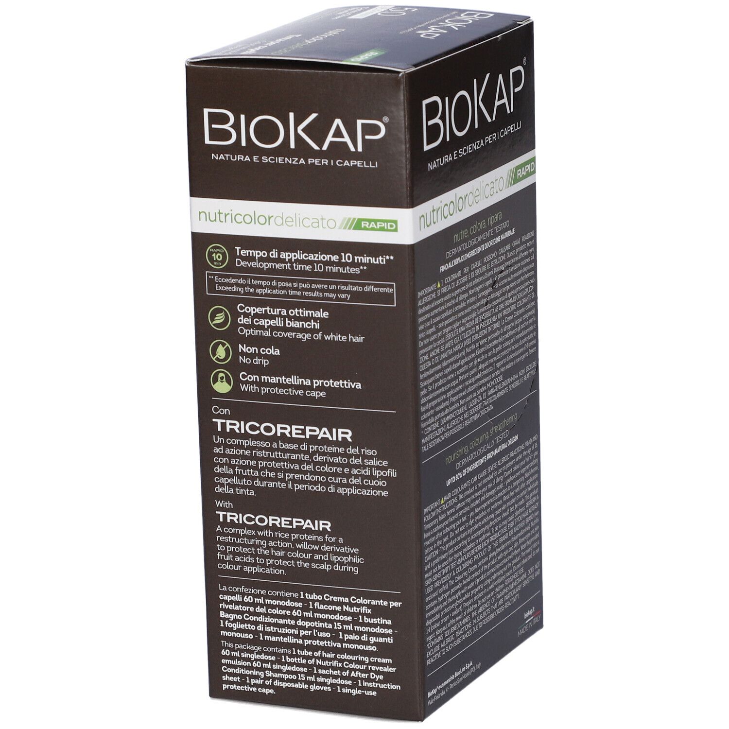 Biokap Nutricolor Delicato Rapid Haarfärbemittel-Verpackung mit Informationen zu Anwendung und Inhaltsstoffen.