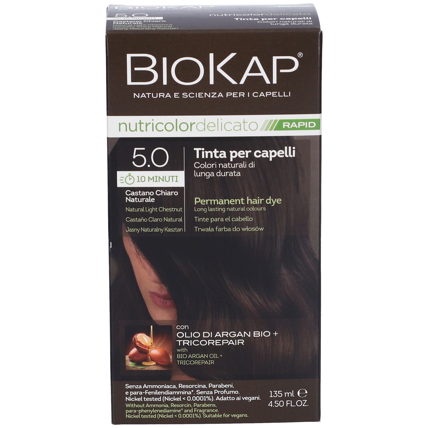 BIOKAP Nutricolor Delicato Rapid permanente Haarfarbe, 5.0 Hellbraun, 135 ml.
