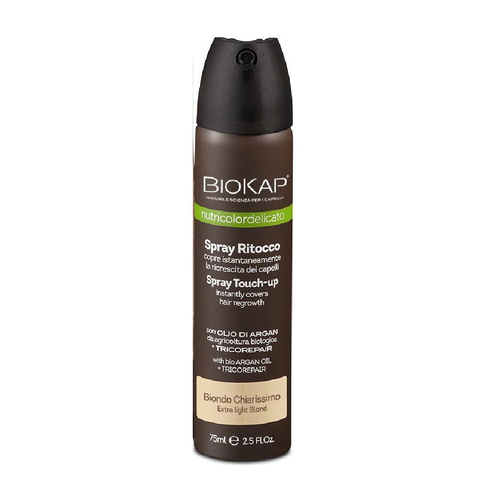 Bomboletta spray per capelli marrone e nero. Scritta: BIOKAP, nutcoloridelicato, Spray Ritocco, Biondo Chiaro. Con olio di Argan.